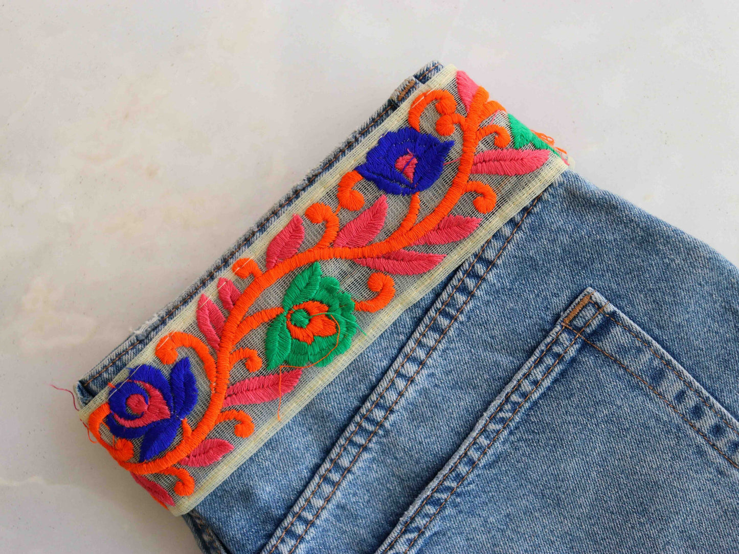 Orange Blue Floral Embroidered Trim,Orange Floral Border,Orange Blue Net Lace,Indian Fabric Trim,Floral Saree Border,Price/mtr