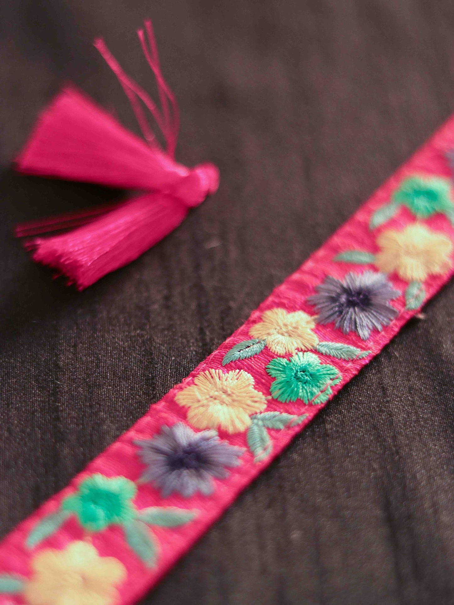 Pink Grey Floral Embroidered Trim,Indian Fabric Embroidered Border,Pink Yellow Floral Lace,Pink Floral Saree Border,Price/mtr