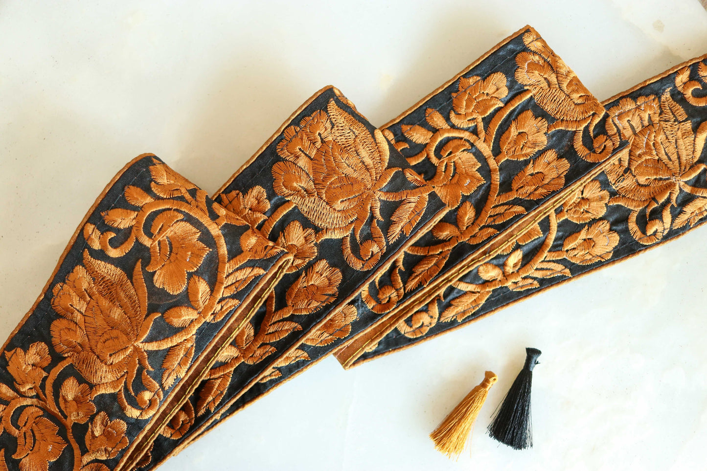 Black Orange Rose Embroidered Trim,Indian Floral Fabric Border,Floral Lace,Parsi Embroidery Border,Floral Saree Border,Price/mtr
