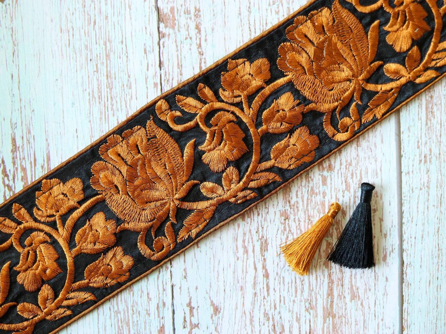 Black Orange Rose Embroidered Trim,Indian Floral Fabric Border,Floral Lace,Parsi Embroidery Border,Floral Saree Border,Price/mtr