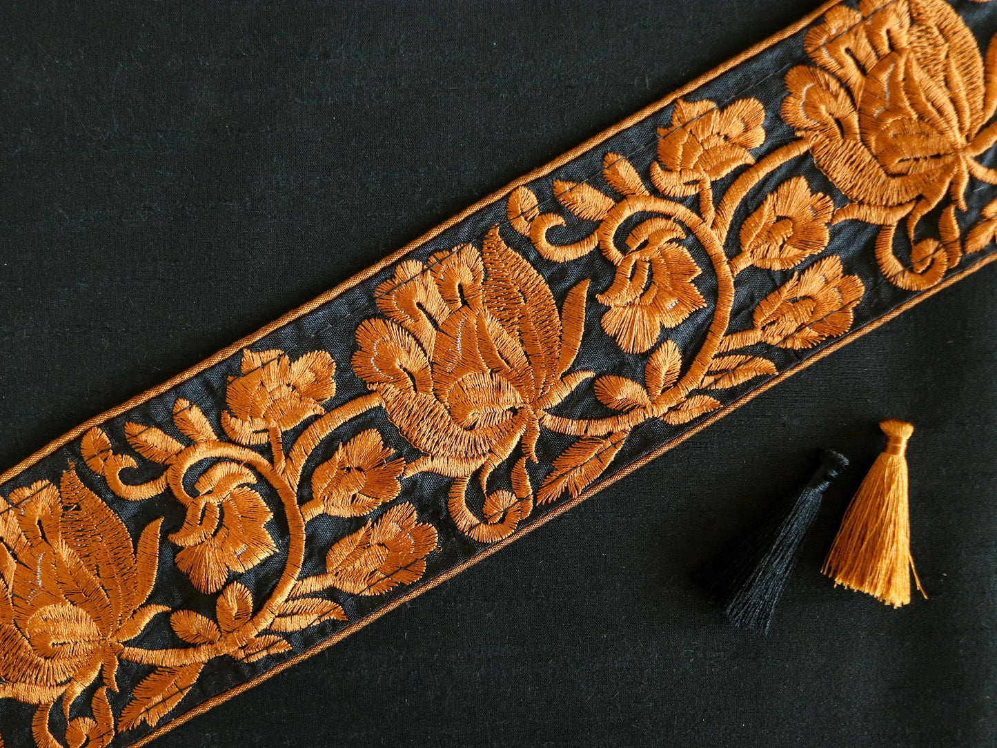 Black Orange Rose Embroidered Trim,Indian Floral Fabric Border,Floral Lace,Parsi Embroidery Border,Floral Saree Border,Price/mtr