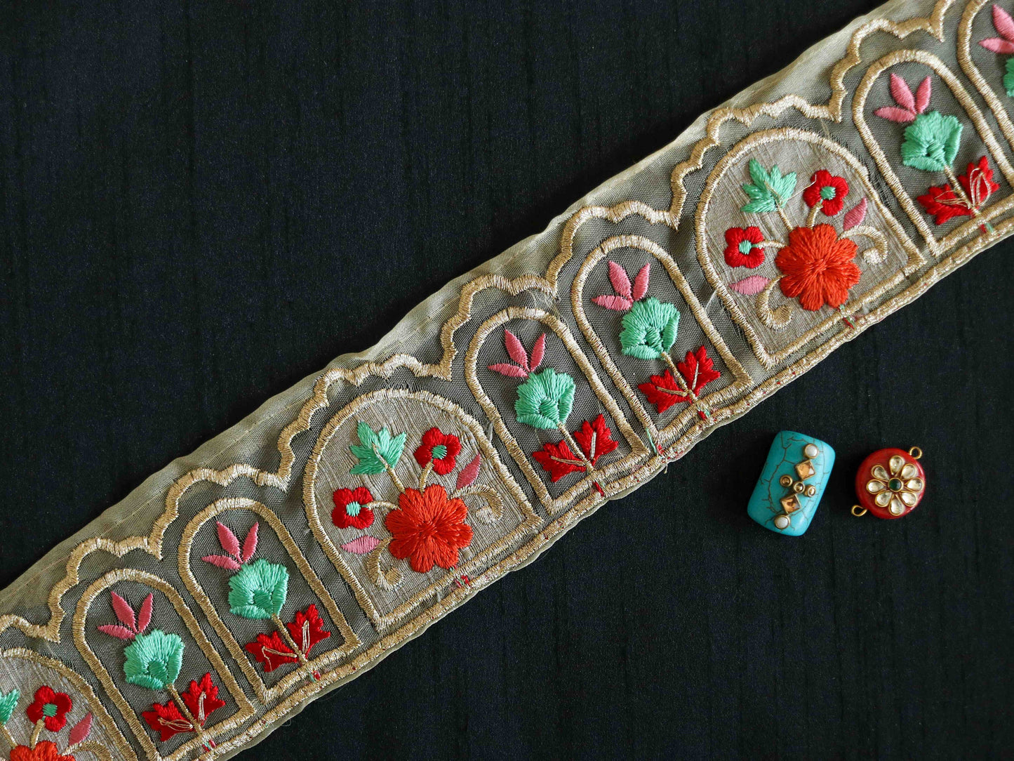 Red Teal Floral Embroidered Trim,Indian Fabric Embroidered Border,Floral Tissue Lace,Parsi Embroidery Border,Floral Saree Border,Price/mtr
