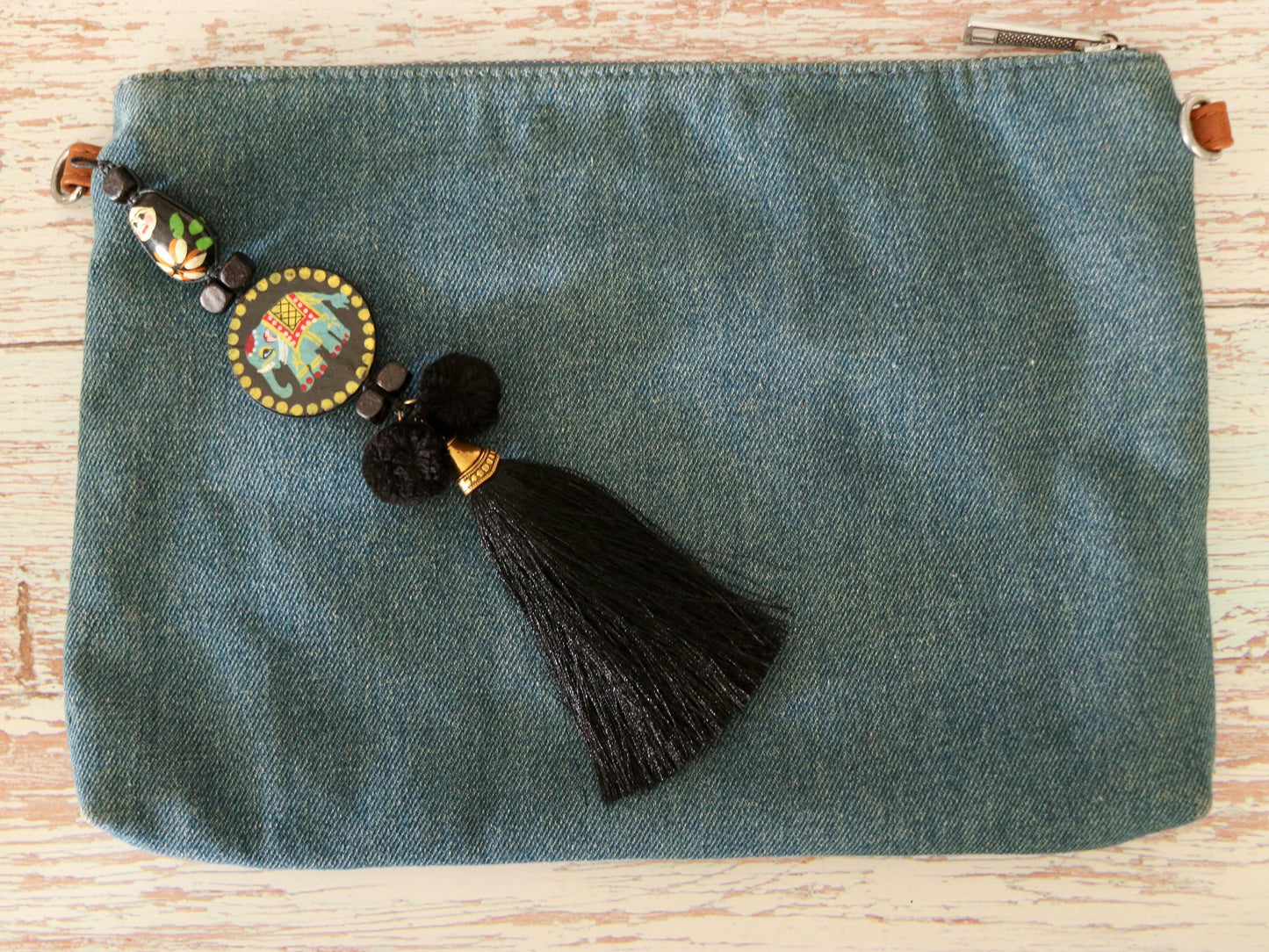 Boho Black Matryoshka Elephant Tassel,Handmade Latkan, Black Pompom Tassel,Quirky Kitschy Indian Tribal Charm,Christmas Tree Supply