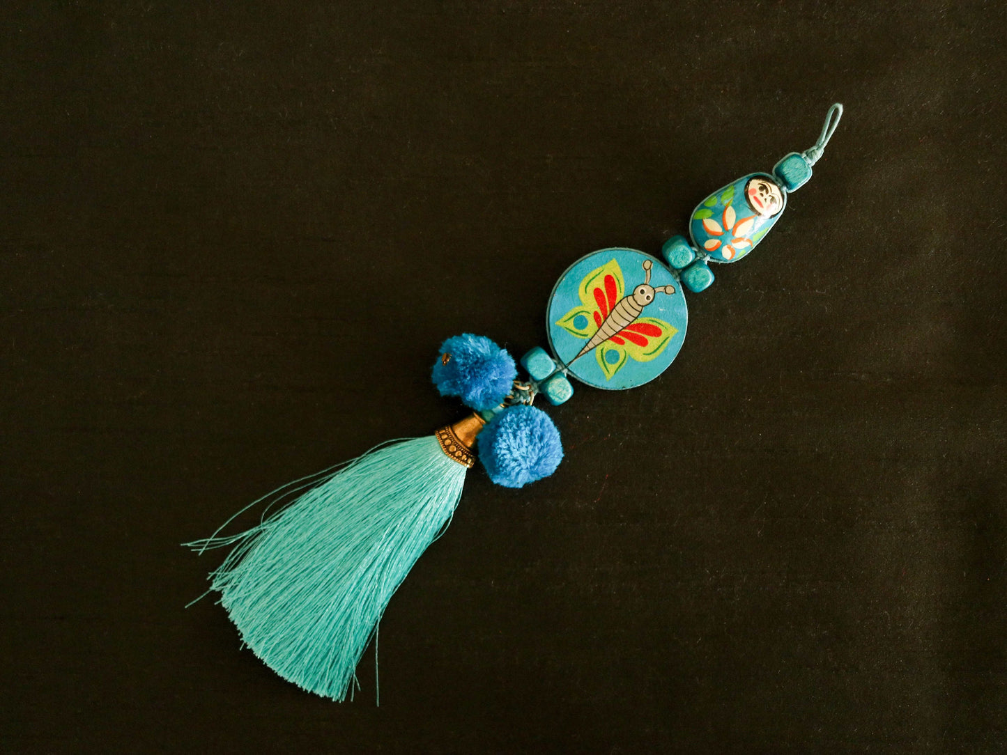 Boho Blue Matryoshka Butterfly Tassel,Handmade Latkan, Teal Blue Pompom Tufted Tassel Charm,Quirky Kitschy Indian Christmas Tree Supply