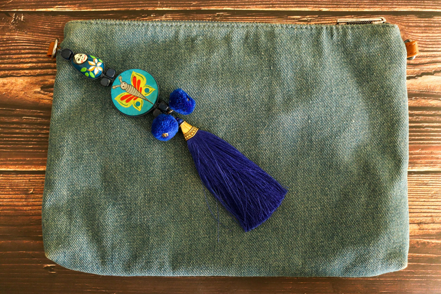 Boho Blue Matryoshka Butterfly Tassel,Handmade Latkan, Teal Blue Pompom Tufted Tassel,Quirky Kitschy Indian Charm,Christmas Tree Supply