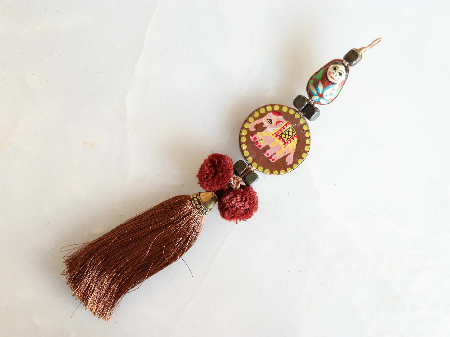 Boho Brown Matryoshka Elephant Tassel,Handmade Latkan, Brown Pompom Tassel,Quirky Kitschy Indian Tribal Charm,Christmas Tree Supply