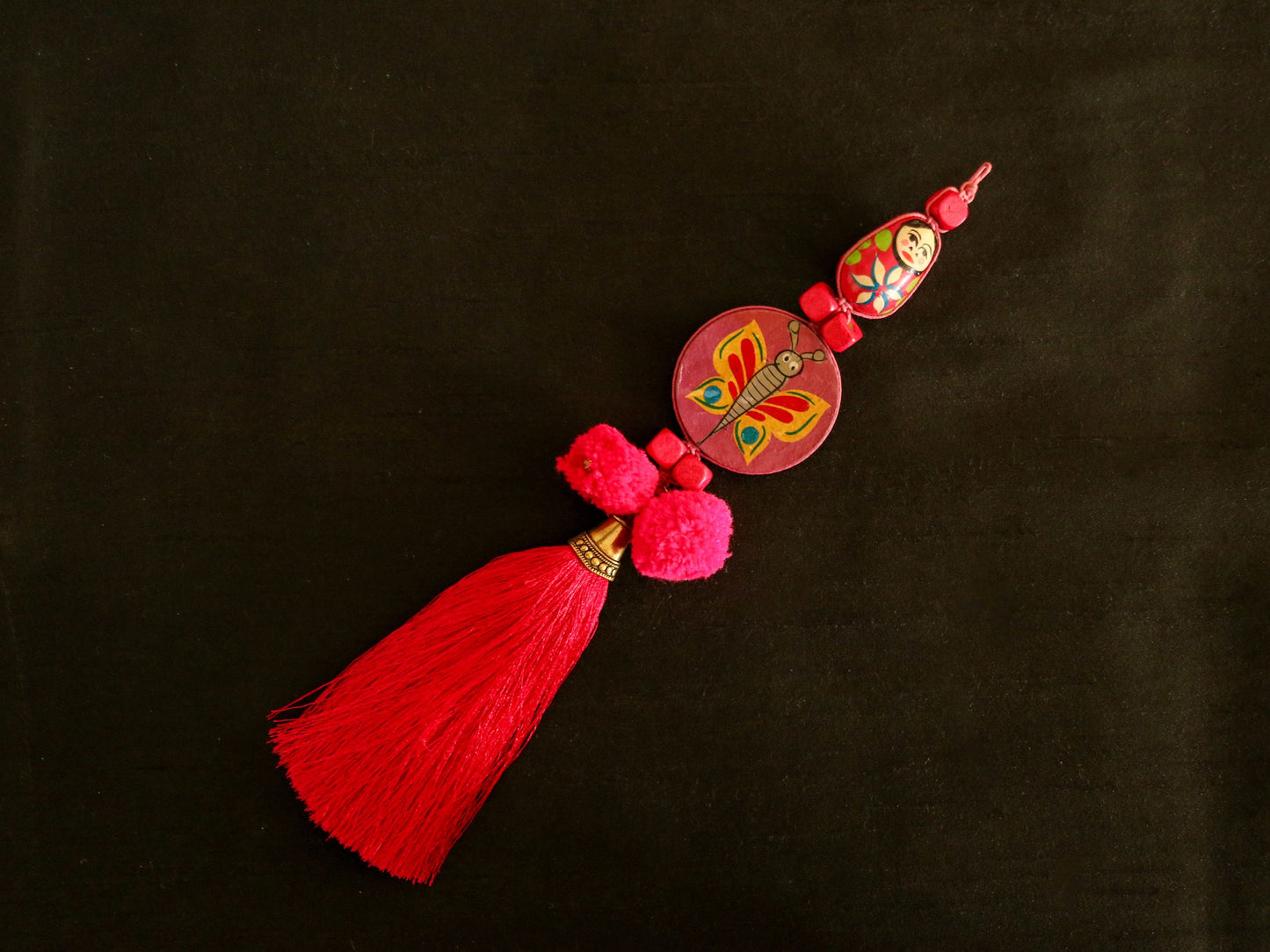 Boho Pink Matryoshka Butterfly Tassel,Handmade Latkan, Pink Pompom Tassel,Quirky Kitschy Indian Tribal Charm,Christmas Tree Supply