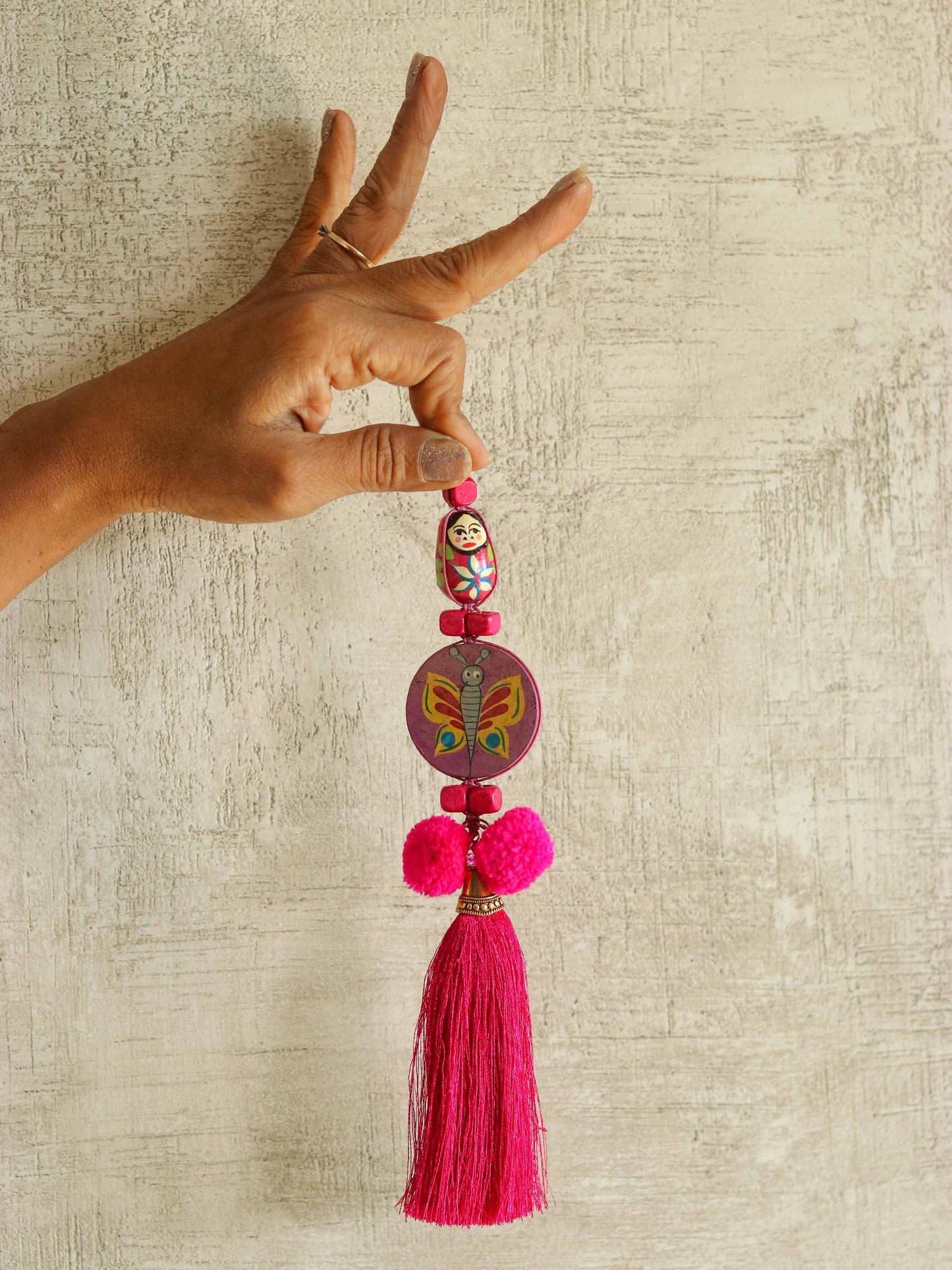 Boho Pink Matryoshka Butterfly Tassel,Handmade Latkan, Pink Pompom Tassel,Quirky Kitschy Indian Tribal Charm,Christmas Tree Supply