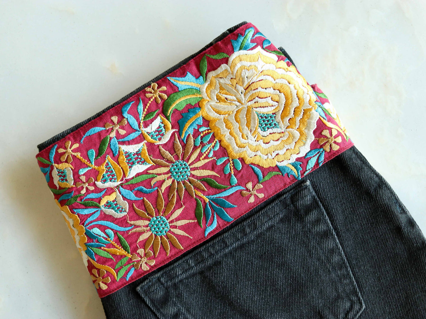 Pink Yellow Floral Embroidered Trim,Broad Pink Floral Lace,Indian Fabric Border,Parsi Embroidery Border,Pink Saree Border,Price/mtr