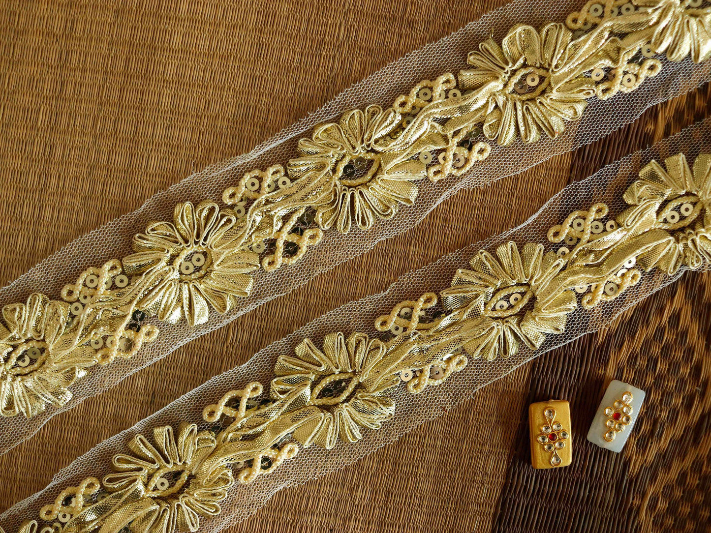 Gold Ribbon Floral Embroidered Trim,Gold White Applique Floral Lace,Indian Fabric Trim,Gold Floral Saree Border,Price/mtr