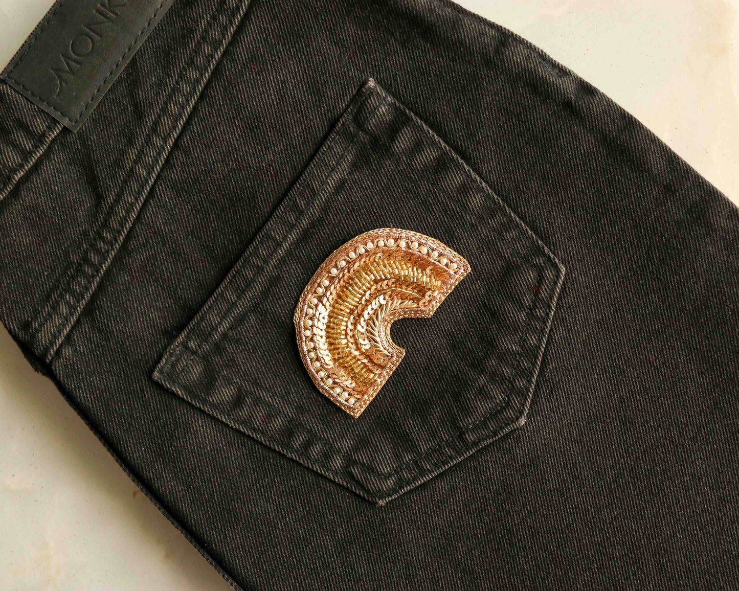 Golden Moon butti embroidered patch,Handmade Semi Circle gold zari sequin applique Butta, Gold zari patch,DIY Patch,2 pieces