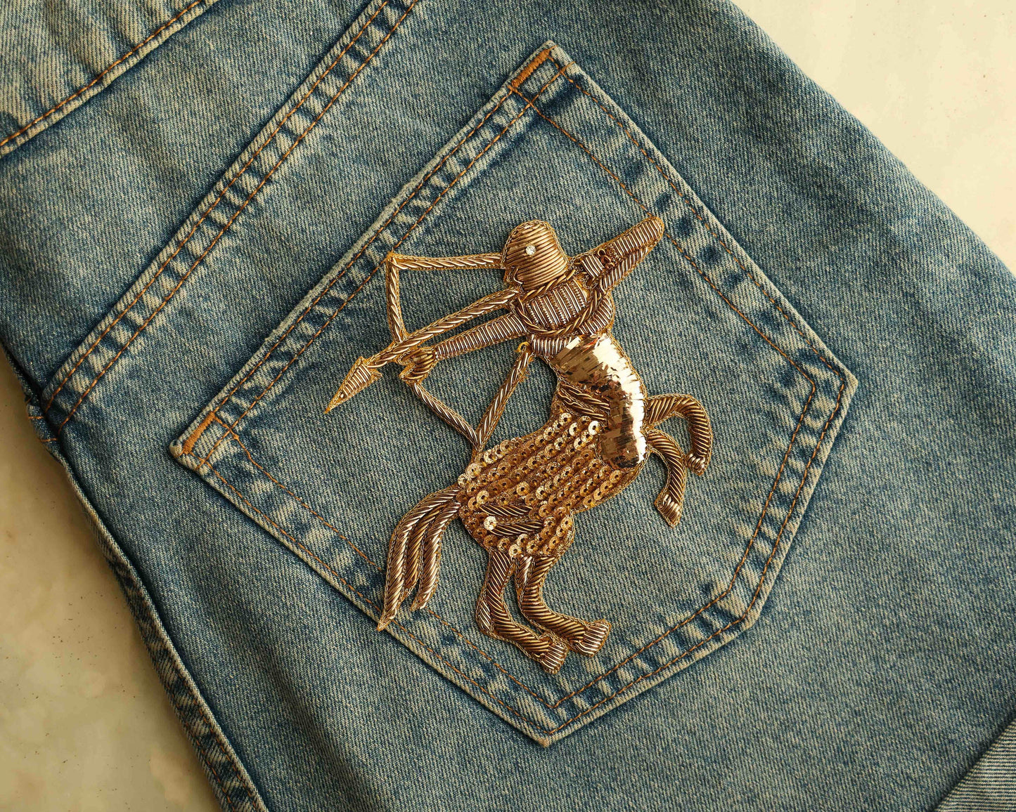 Sagittarius Zodiac Gold Embroidered Patch,Handmade applique, Sun Sign Patch,Star Sign Applique, Centaur Archer Bow Arrow Patch,DIY Patch