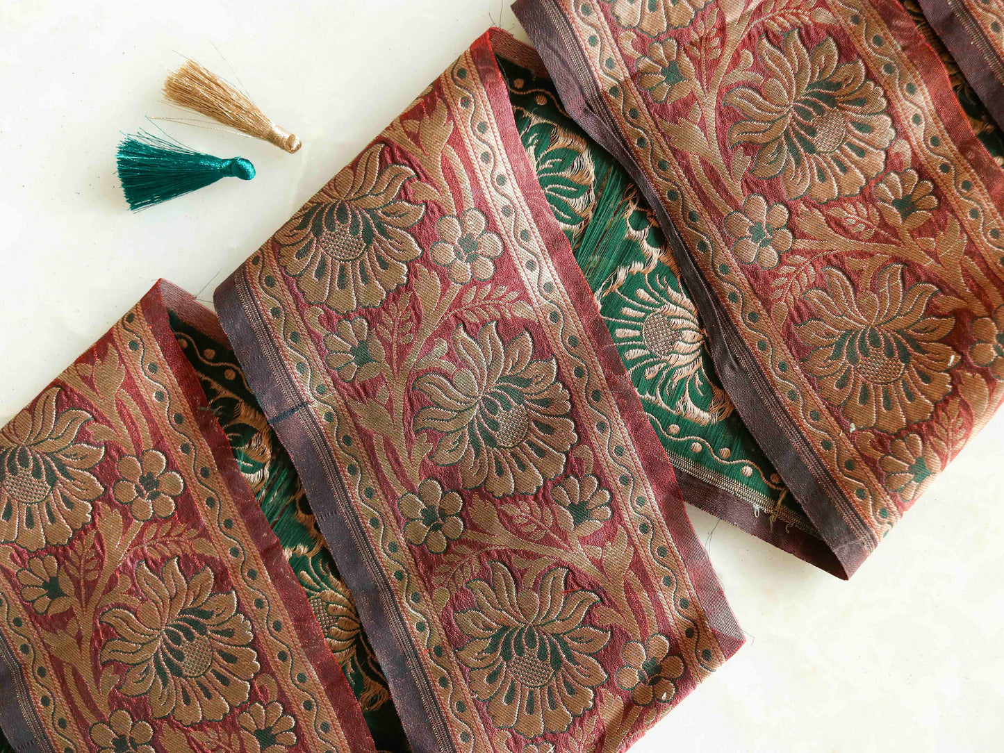 Berry Gold Floral Banarasi Trim,Deep Red Brocade Silk Border,Maroon Indian Lace,Brown Banarasi Saree Border,Rust Red Bridal Trim,Price/mtr