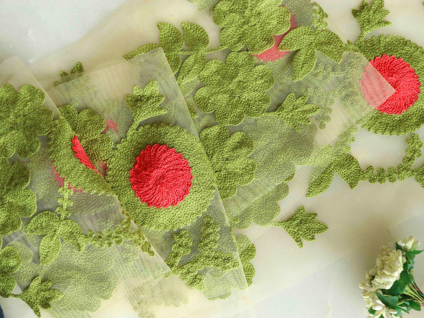 Green Pink Floral Net Trim,Broad Embroidered Net Floral Border,Beige Green Net Lace,Indian Fabric Trim,Floral Saree Border,Price/mtr