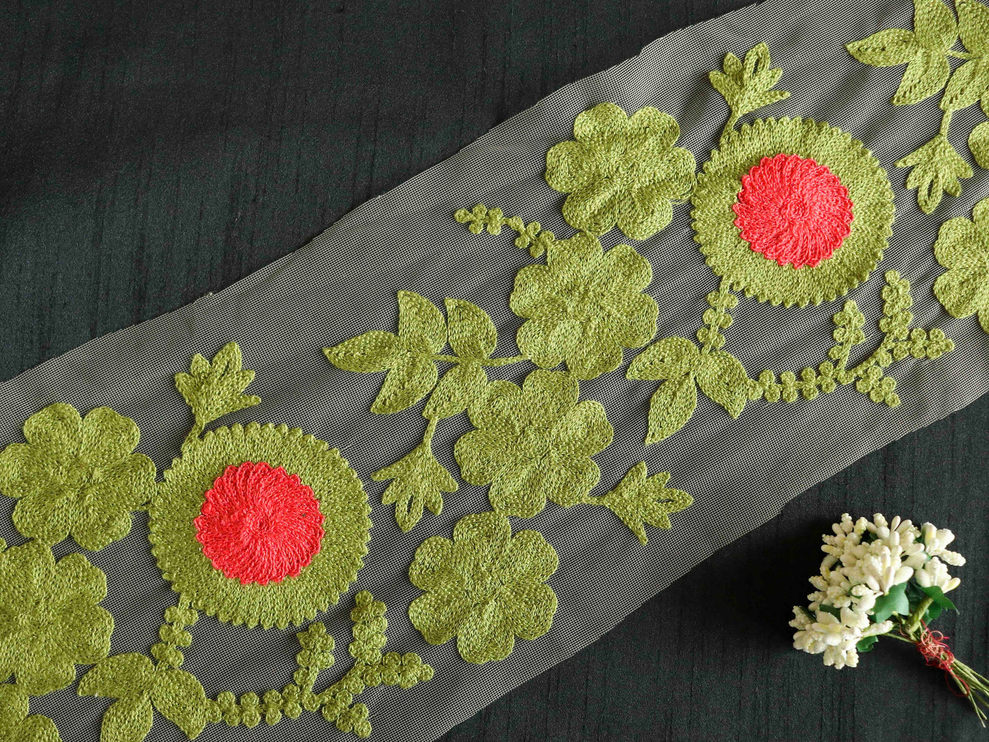 Green Pink Floral Net Trim,Broad Embroidered Net Floral Border,Beige Green Net Lace,Indian Fabric Trim,Floral Saree Border,Price/mtr