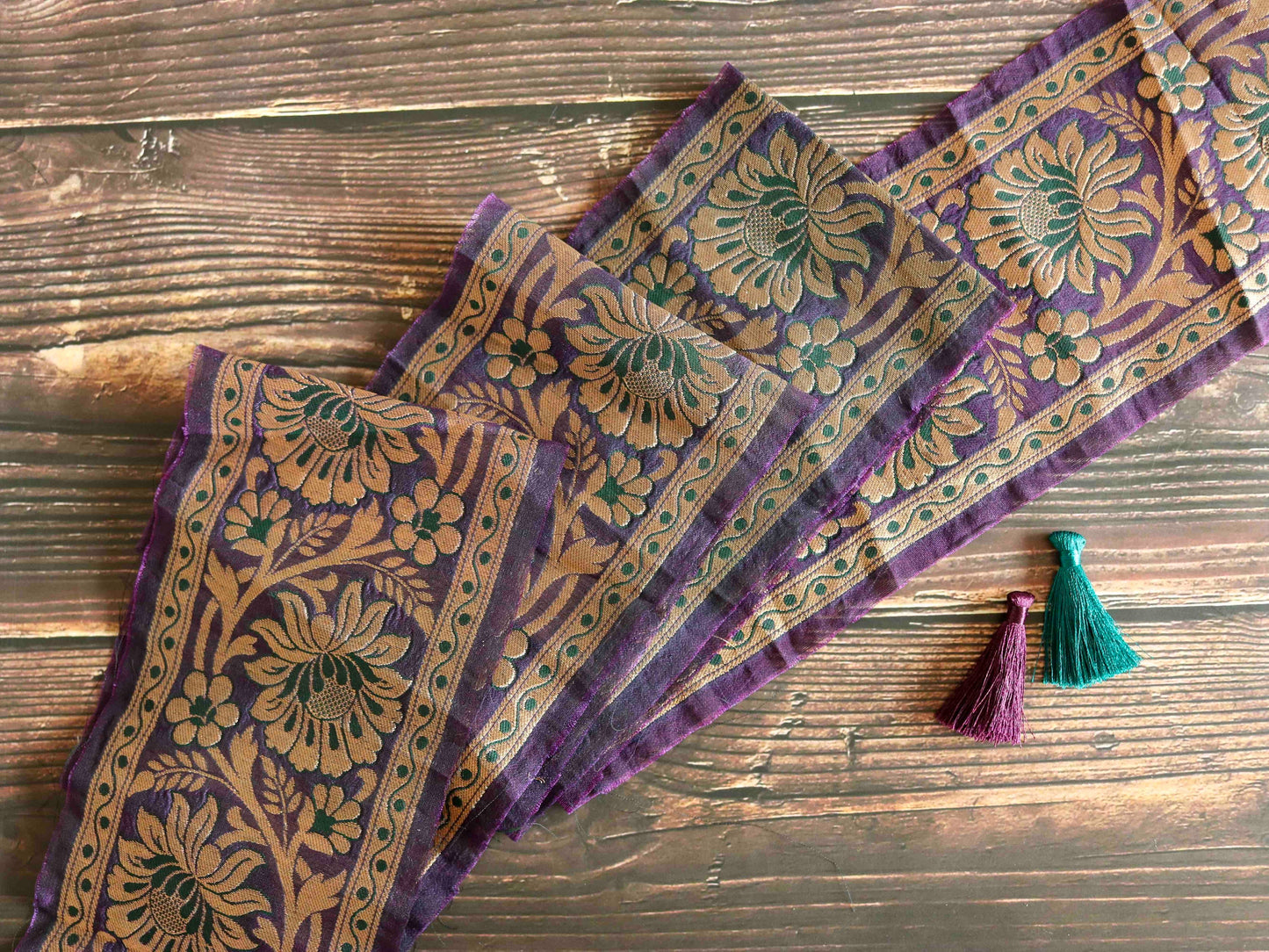 Purple Gold Floral Banarasi Trim,Brocade Silk Border,Indian Brocade Lace,Banarasi Saree Border,Purple Bridal Trim,Price/mtr