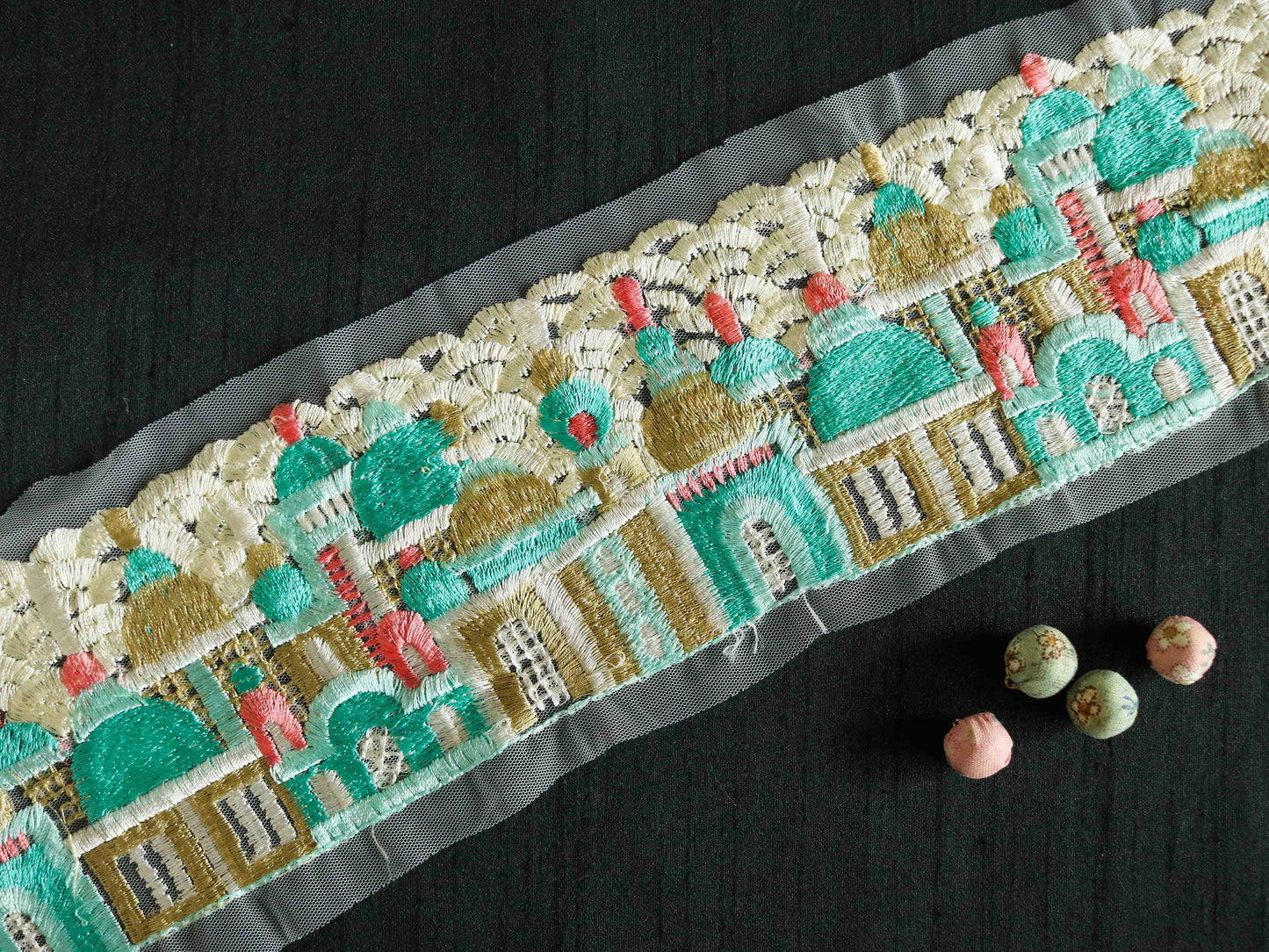 Green White Palace Net Trim,Mint Green Embroidered Temple Border,Palace Mosque Lace,Royal Designer Trim,Price/mtr