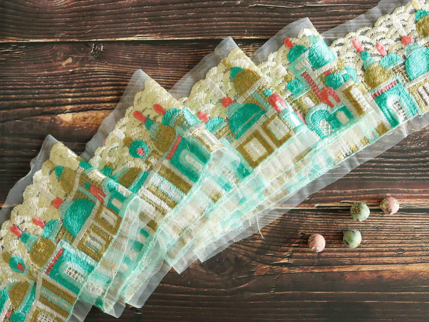 Green White Palace Net Trim,Mint Green Embroidered Temple Border,Palace Mosque Lace,Royal Designer Trim,Price/mtr
