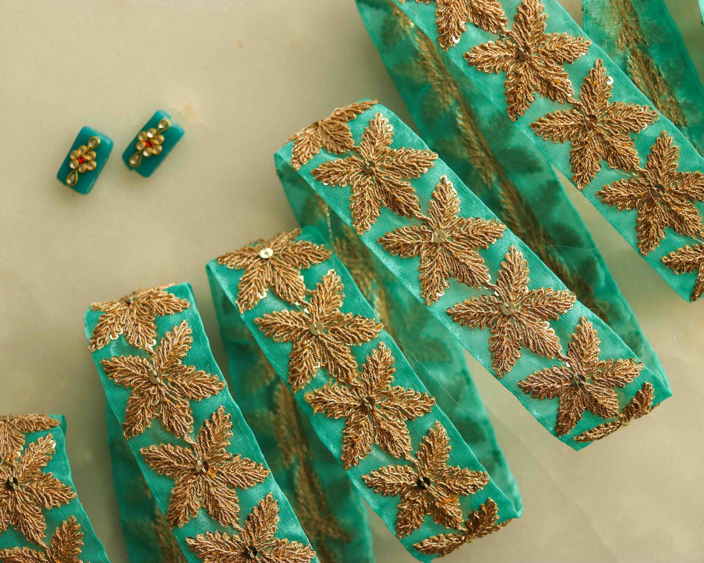 Green Gold Floral Embroidered Trim,Teal Golden Star Border,Aqua Green Floral Lace,Bridal Saree Border,Indian Fabric Trim,Price/mtr