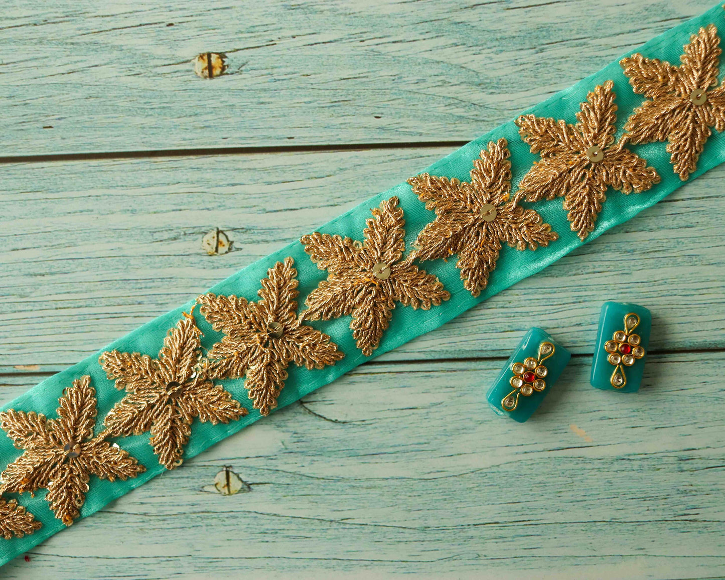 Green Gold Floral Embroidered Trim,Teal Golden Star Border,Aqua Green Floral Lace,Bridal Saree Border,Indian Fabric Trim,Price/mtr