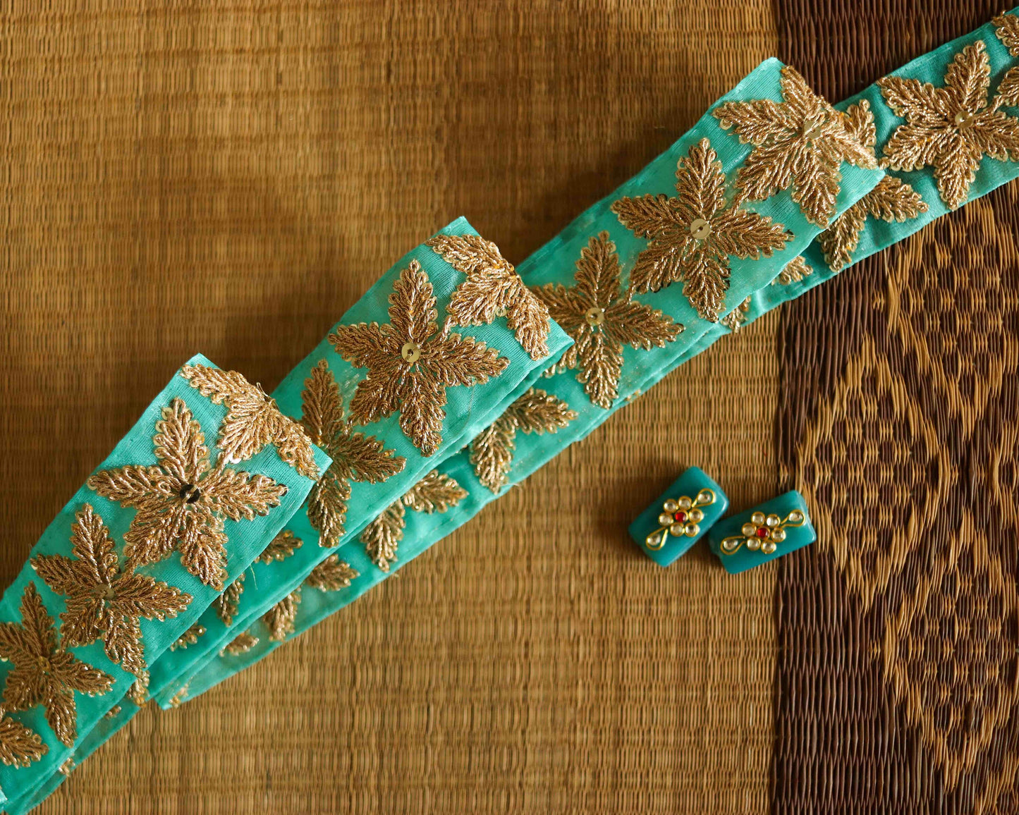 Green Gold Floral Embroidered Trim,Teal Golden Star Border,Aqua Green Floral Lace,Bridal Saree Border,Indian Fabric Trim,Price/mtr