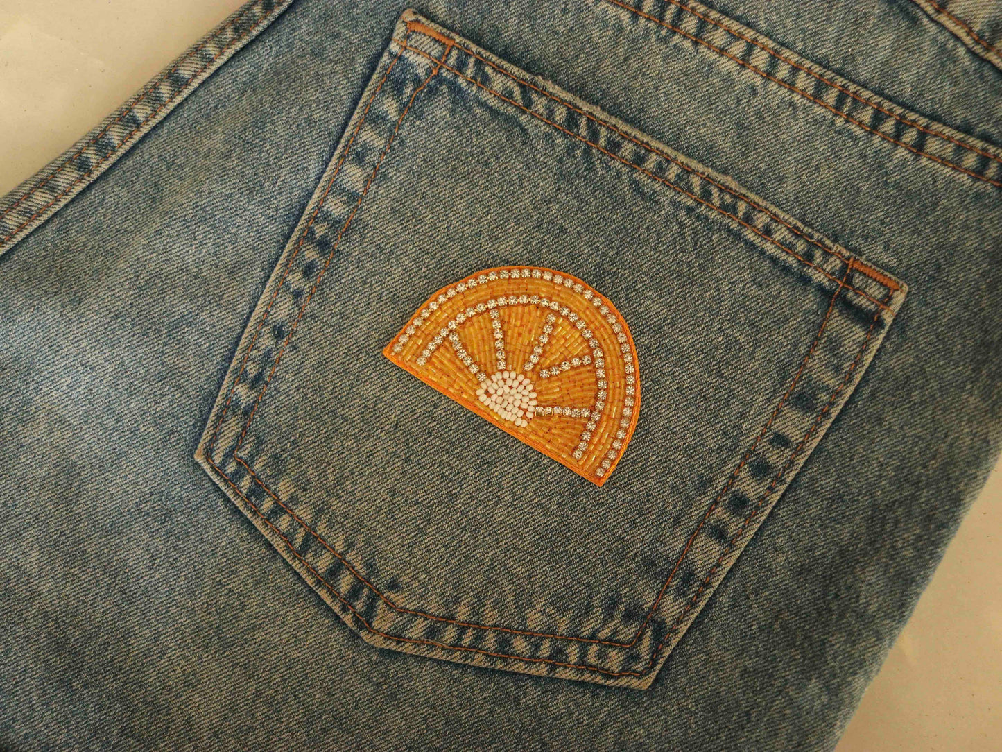 Orange Slice Fruit Beaded Patch,Handmade embroidered applique, Fruit Food Applique, Denim Patch,Quirky Playful Boho applique,DIY Patch