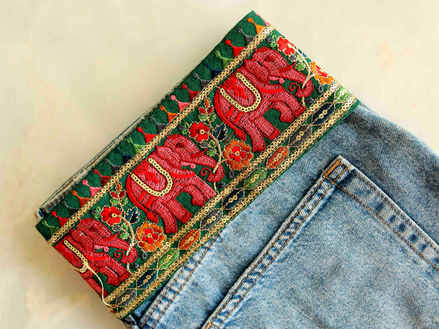 Green Pink Elephant Embroidered Trim,Green Elephant Border,Royal Indian Designer Lace,Elephant Saree Border,Price/mtr