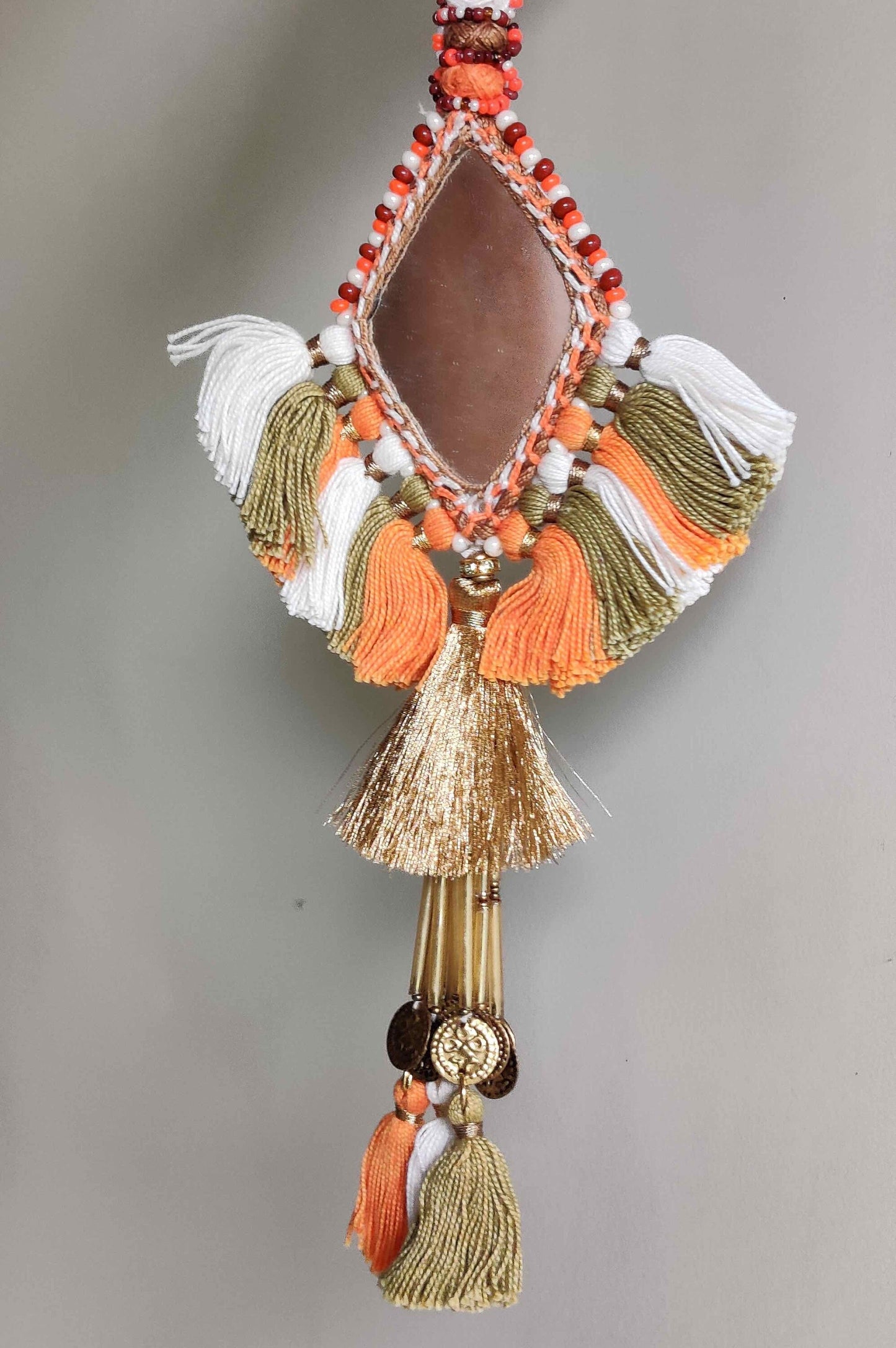Boho Orange Mirror Tassel,Handmade Charm,Orange White Tufted Tassel Latkan, Quirky Kitschy Indian Tribal Bag Charm,Christmas Tree Supply