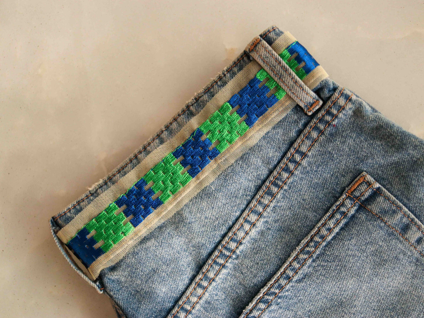 Green Checks Embroidered Phulkari Trim,Indian Border,Green Blue Geometric Multicolour Net Lace,Boho Hippie Phulkari Saree Border,Price/mtr