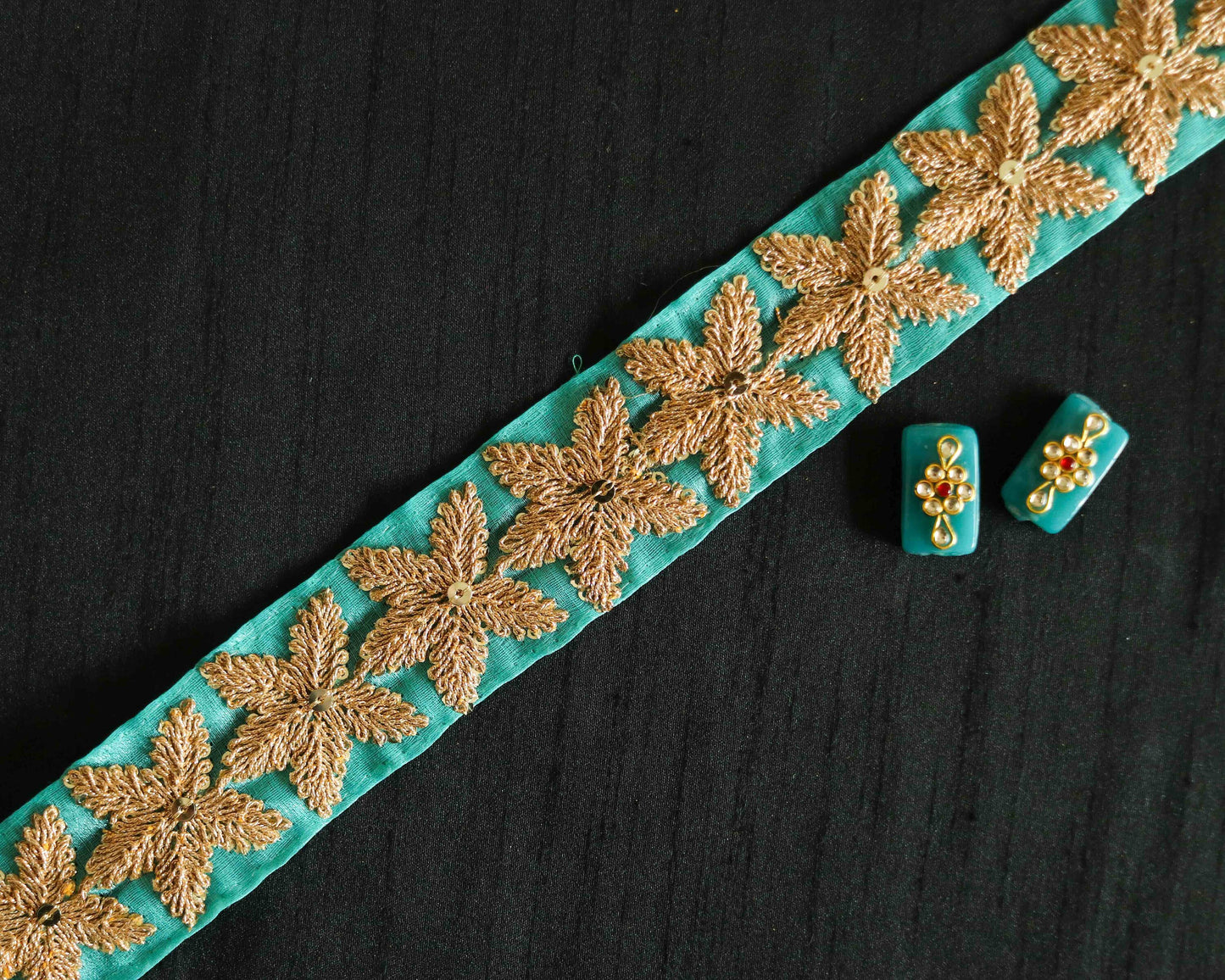 Green Gold Floral Embroidered Trim,Teal Golden Star Border,Aqua Green Floral Lace,Bridal Saree Border,Indian Fabric Trim,Price/mtr