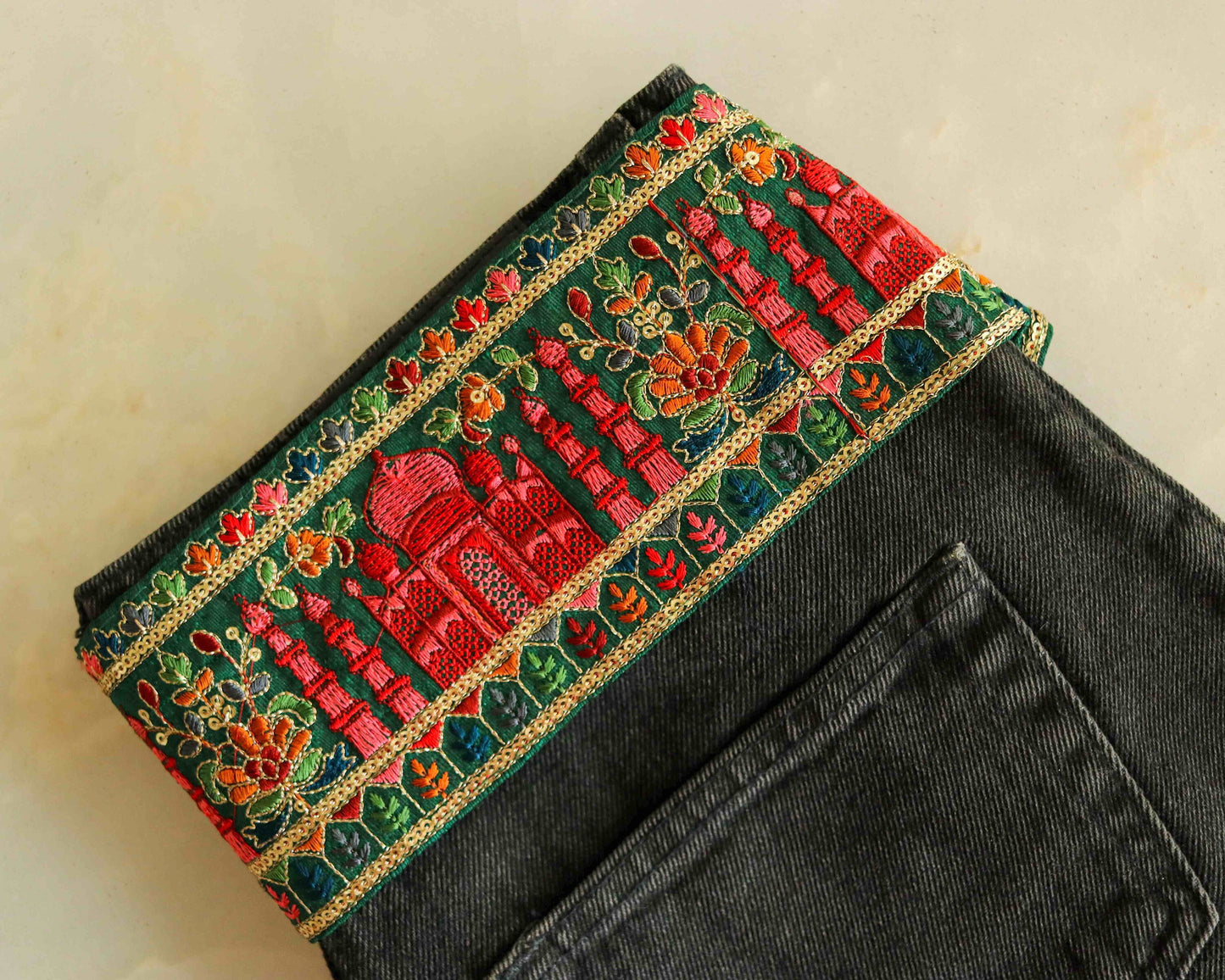 Green Pink Indian Palace Trim,Taj Mahal Embroidered Green Red Border,Oriental Floral Lace,Boho Royal Palace Indian Designer Trim,Price/mtr