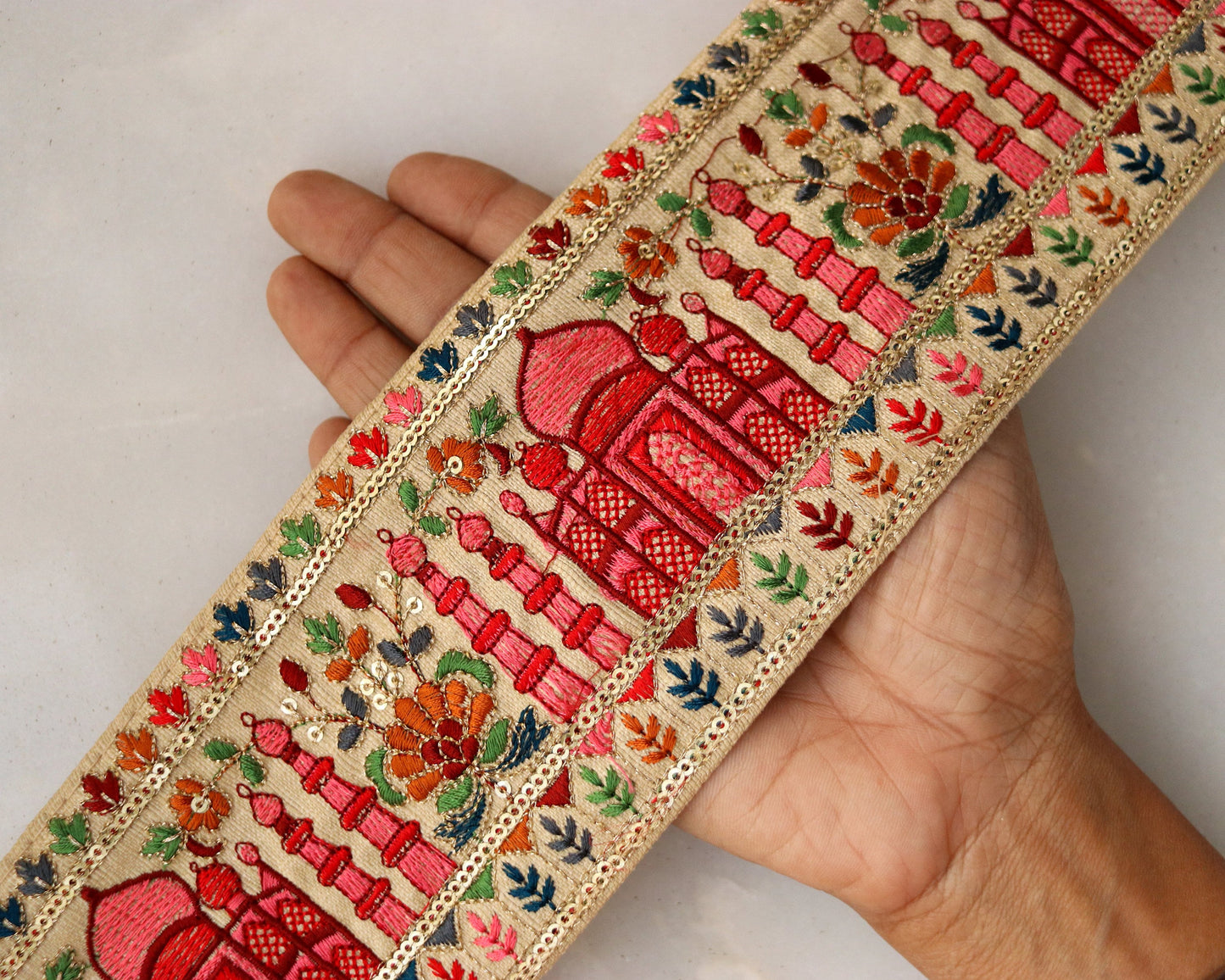 White Red Palace Embroidered Trim,Taj Mahal Indian Palace Border,Oriental Floral Lace,Boho Royal Palace Indian Designer Trim,Price/mtr
