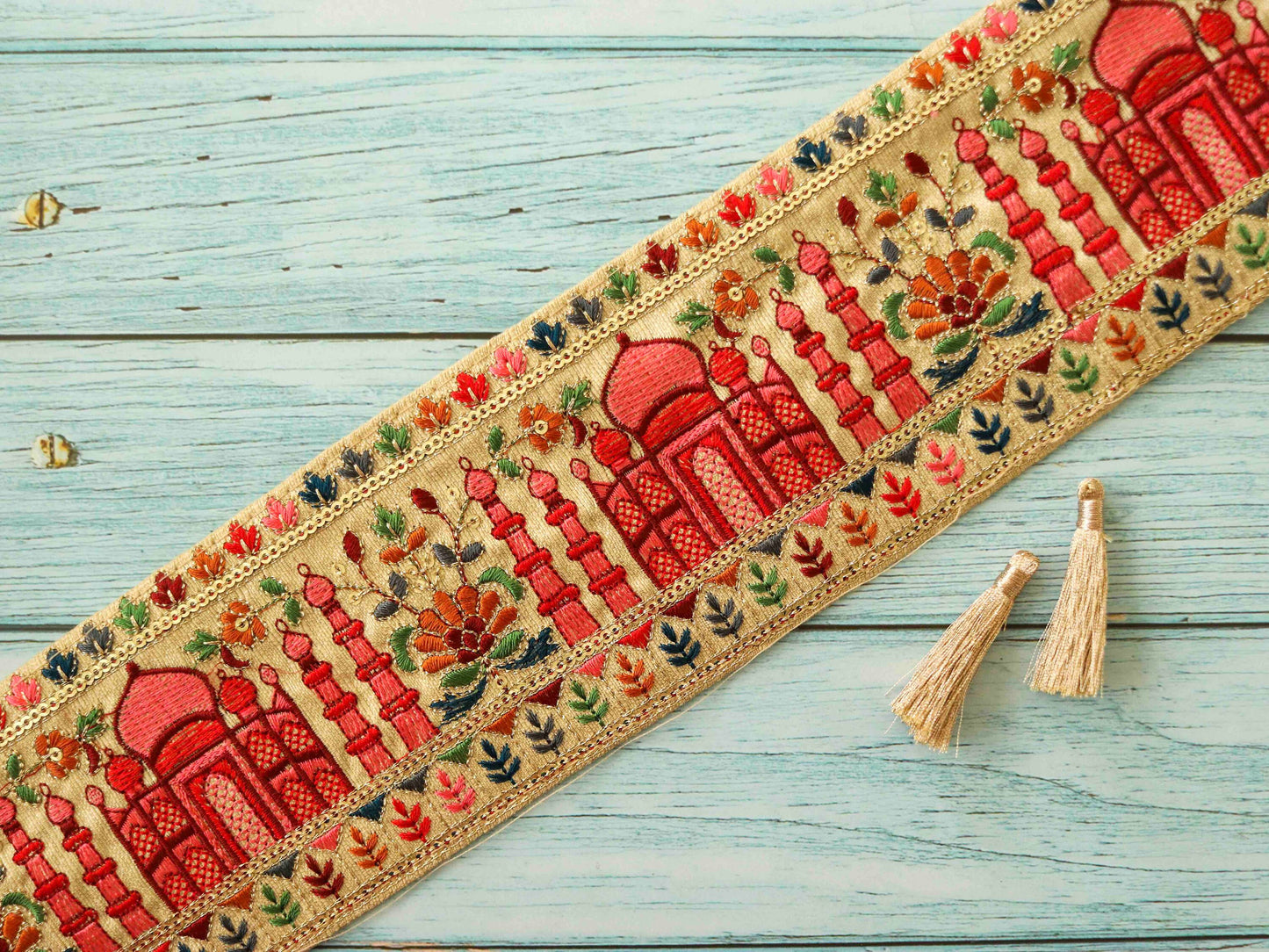 White Red Palace Embroidered Trim,Taj Mahal Indian Palace Border,Oriental Floral Lace,Boho Royal Palace Indian Designer Trim,Price/mtr