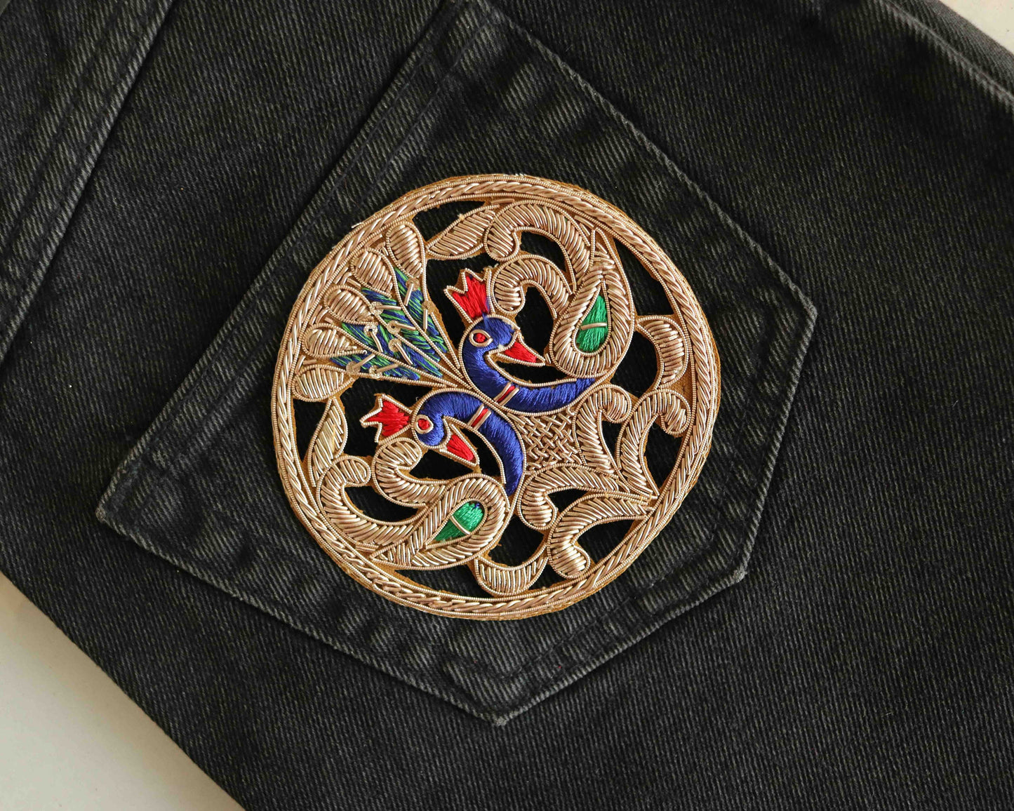 Twin Peacock Embroidered Colourful patch,Handmade Gold cutwork peacock applique, Indian bird patch,Sew on Applique, DIY Patch