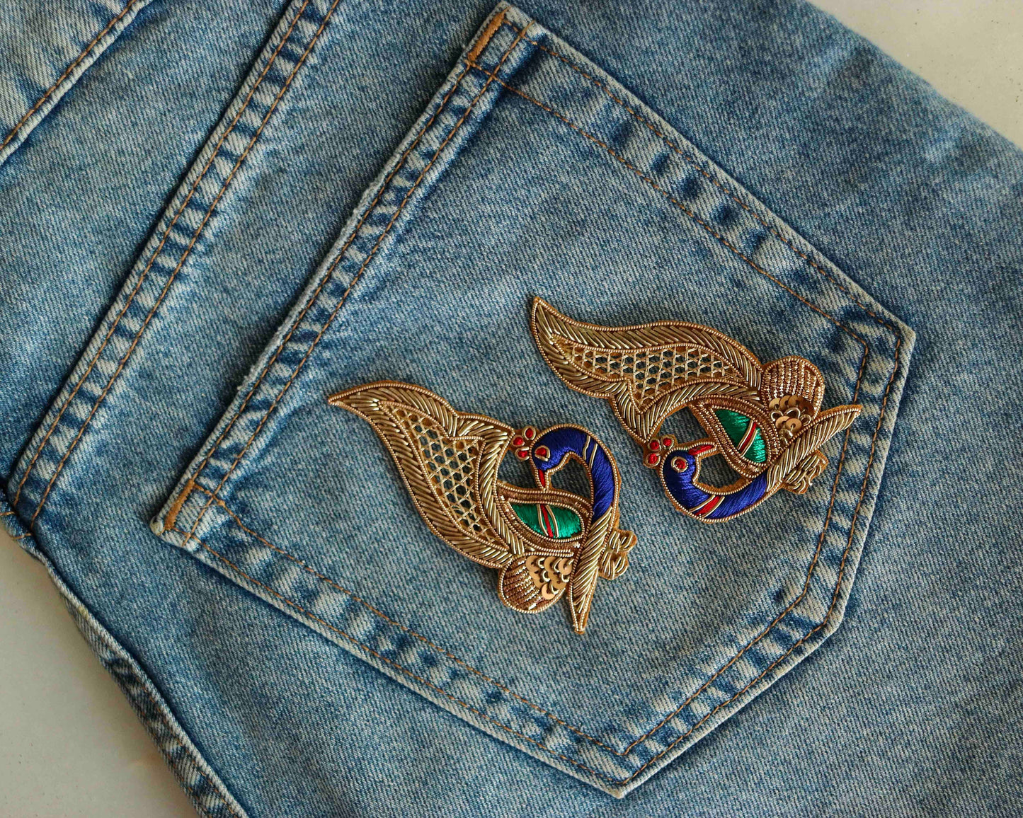 Boho Colourful peacock embroidered patch,Handmade golden cutwork peacock applique, Indian bird patch,Sew on Applique, DIY Patch