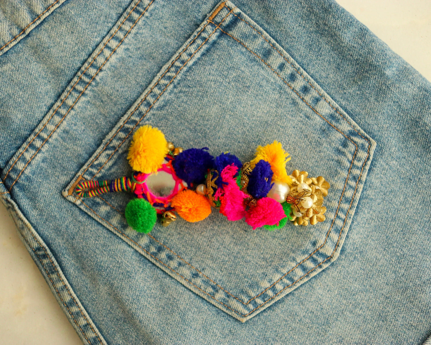 Boho Multicolour Mirror Pompom Tassel,Handmade Latkan, Mirror Pearl Beaded Tufted Tassel,Quirky Kitschy Indian Charm,Christmas Tree Supply