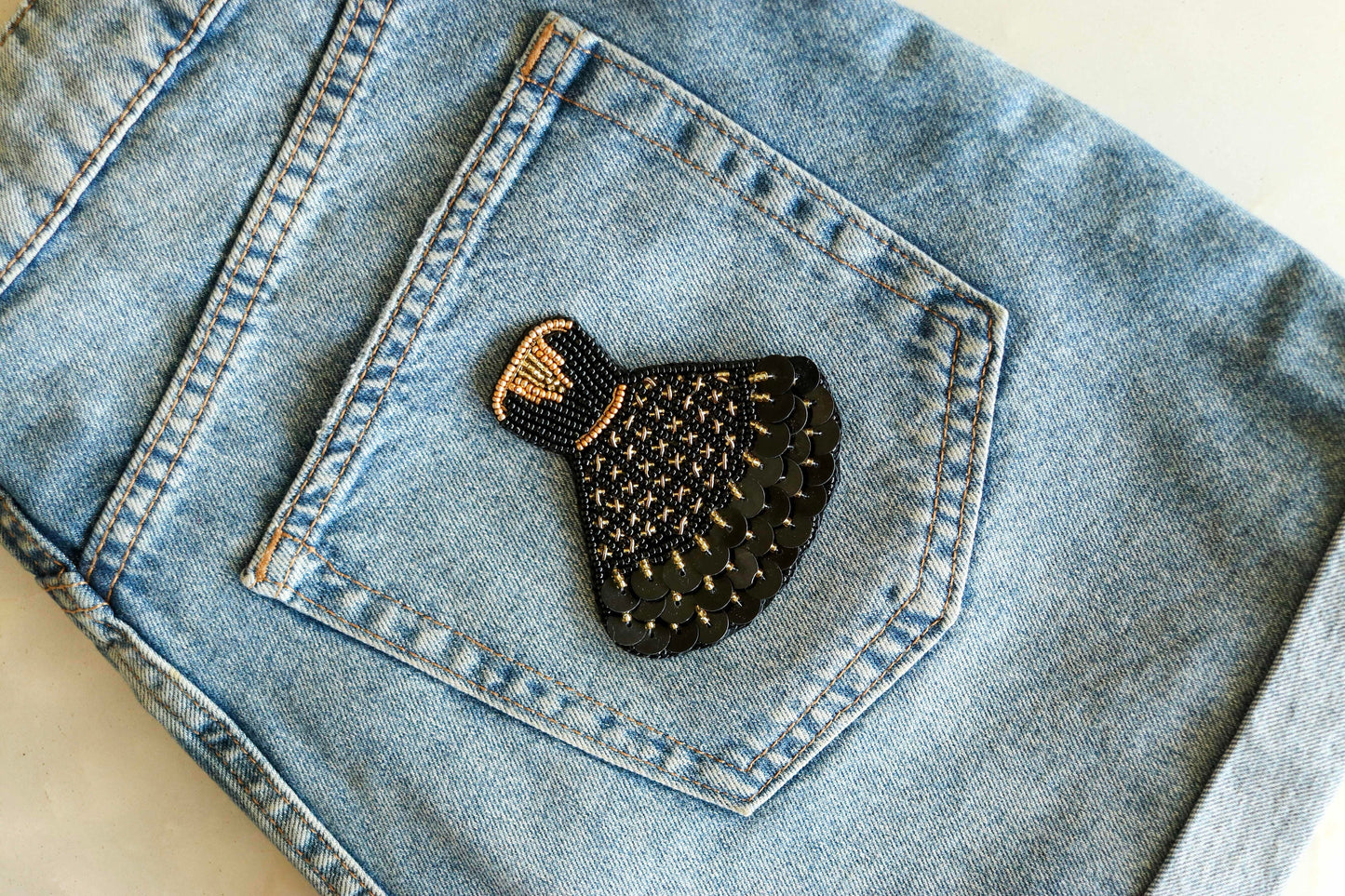 Quirky Woman Dress Beaded Patch,Handmade Frock Applique, Black Gold Dress Patch,Boho Female Dress patch