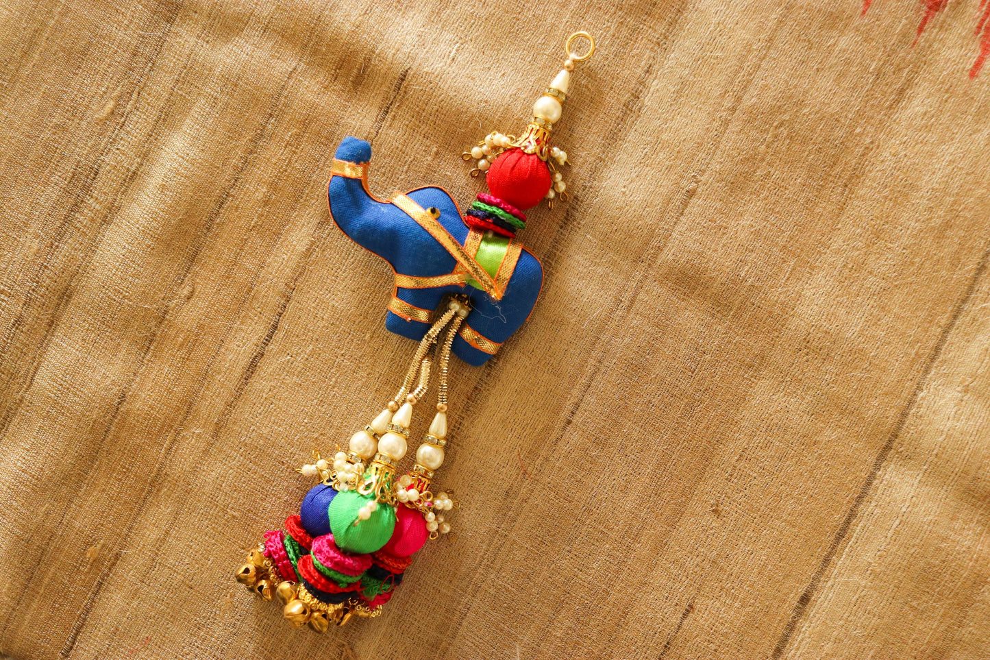 Boho Blue Elephant Latkan Tassel,Handmade Kutchi Latkan, Animal Shape Beaded Pompom Tassel,Quirky Kitschy Indian Charm,Christmas Tree Supply