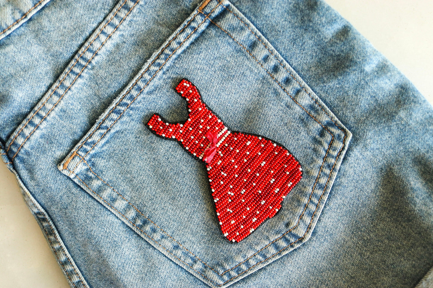 Quirky Woman Dress Beaded Patch,Handmade Frock Applique, Red White Dress Patch,Boho Female Dress patch