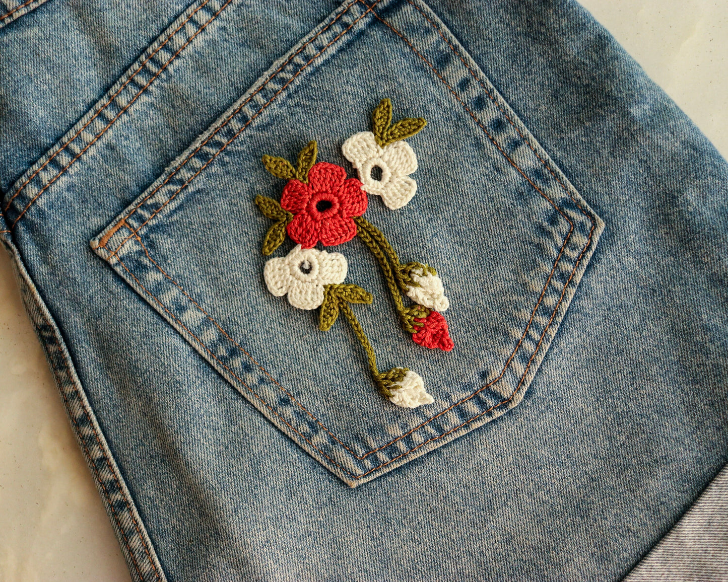 Red White Crochet Floral patch,Embroidered Floral bouquet applique, Colourful fabric patch,Quirky Boho DIY Floral Patch