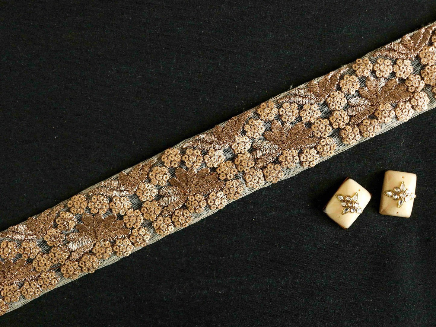 Old Gold Floral Sequin Trim,Gold Net Embroidered Border,Vintage Old Gold Lace,Indian Fabric Trim,Floral Saree Border,Price/mtr
