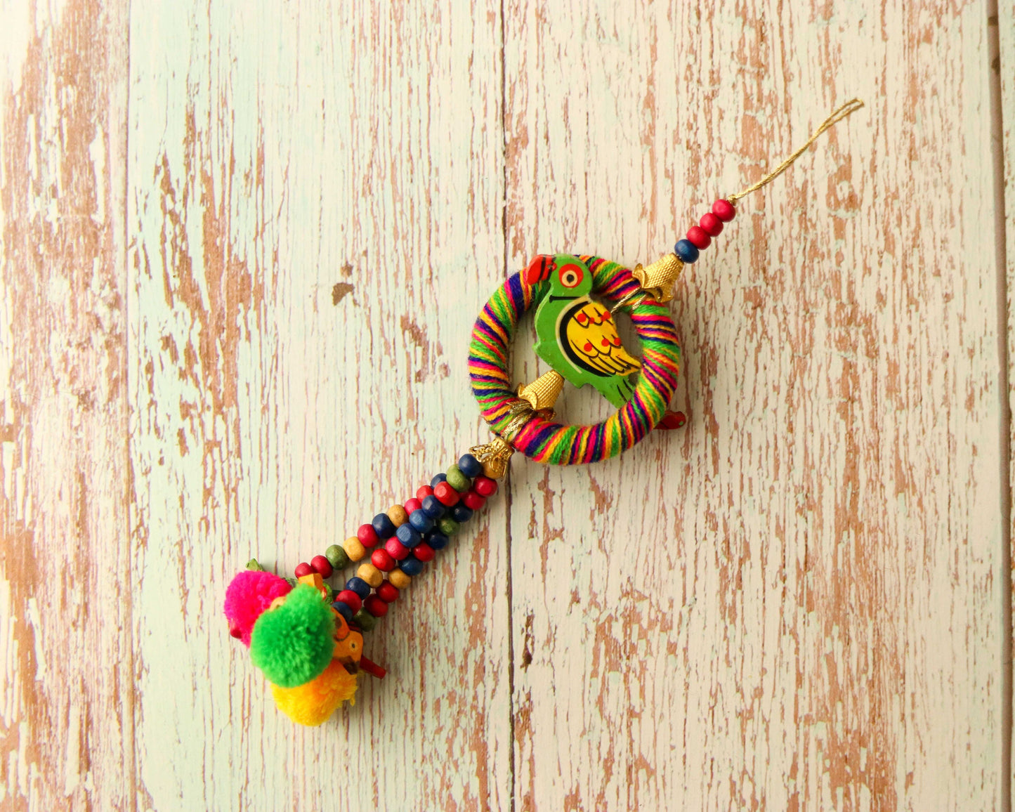 Boho Multicolour Parrot Pompom Tassel,Handmade Latkan, Parrot Bead Tufted Tassel,Quirky Kitschy Indian Charm,Christmas Tree Supply