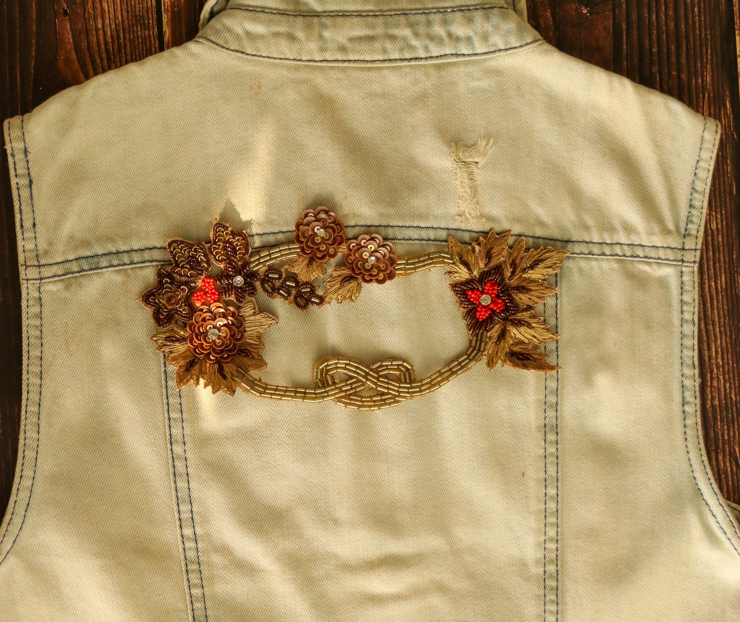 Gold Beaded Cutwork Floral Patch,Handmade Embroidered large Gold flower applique, 3 D White wedding Floral patch, DIY Patch