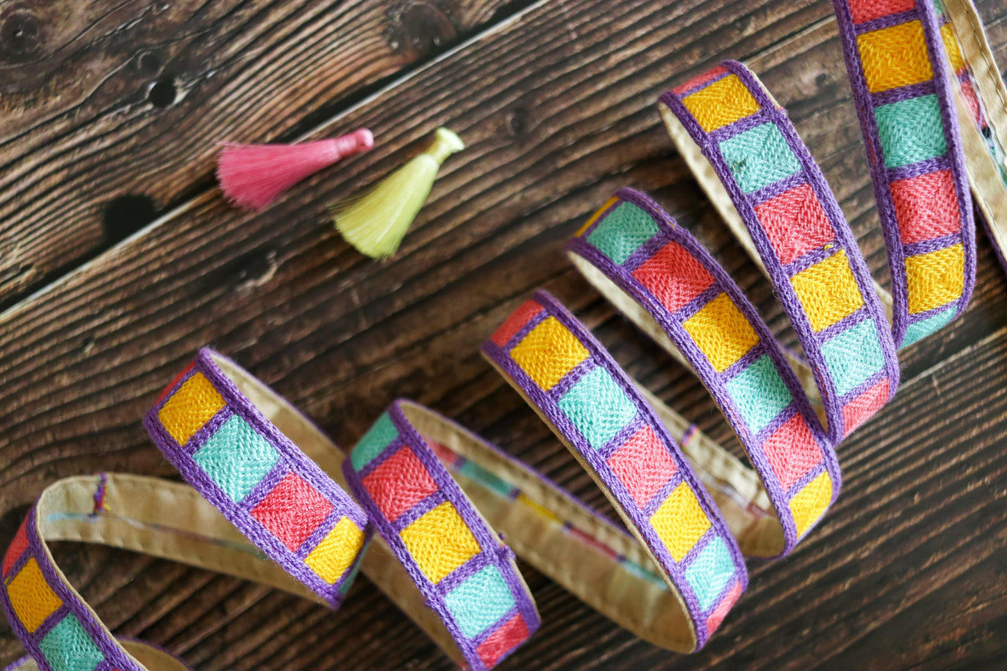Pink Teal Checks Embroidered Trim,Jute Embroidery,Pastel Square Border,Boho Rustic Checks Lace,Indian Fabric Trim,Price/mtr