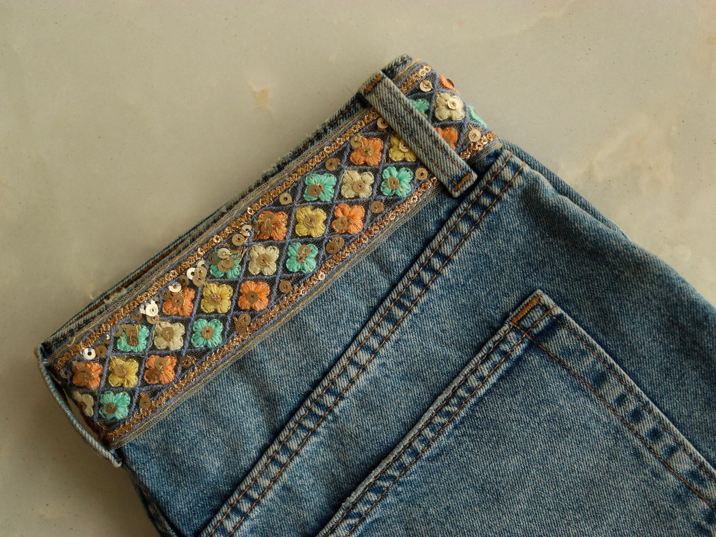 Teal Peach Net Sequin Trim,Floral Embroidered Indian Fabric Border,Green Peach Fuzz Gold Sequins Lace,Floral Saree Border,Price/mtr