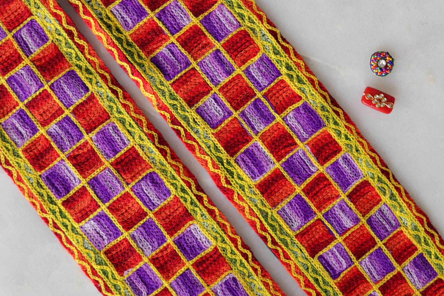 Red Purple Checks Kutchi Trim,Broad Embroidered Indian Border,Boho Multicolour Lace,Tribal Hippie Colourful Saree Border
