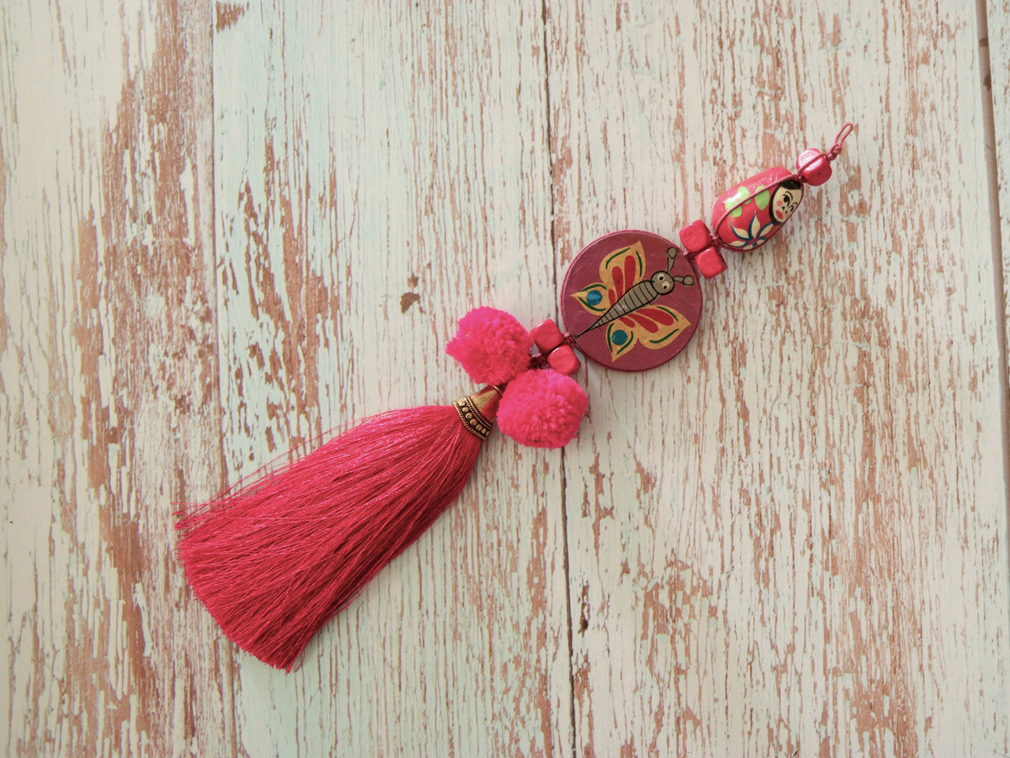 Boho Pink Matryoshka Butterfly Tassel,Handmade Latkan, Pink Pompom Tassel,Quirky Kitschy Indian Tribal Charm,Christmas Tree Supply