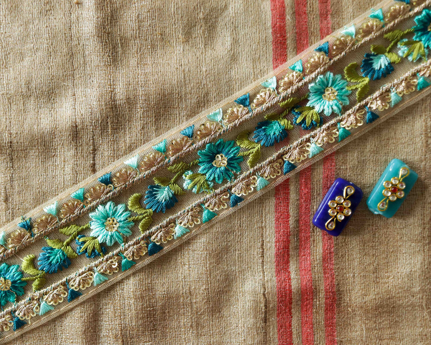 Teal Green Floral Embroidered Trim,Teal Gold Floral Net Border,Green Floral Lace,Indian Fabric Trim,Floral Saree Border,Price/mtr