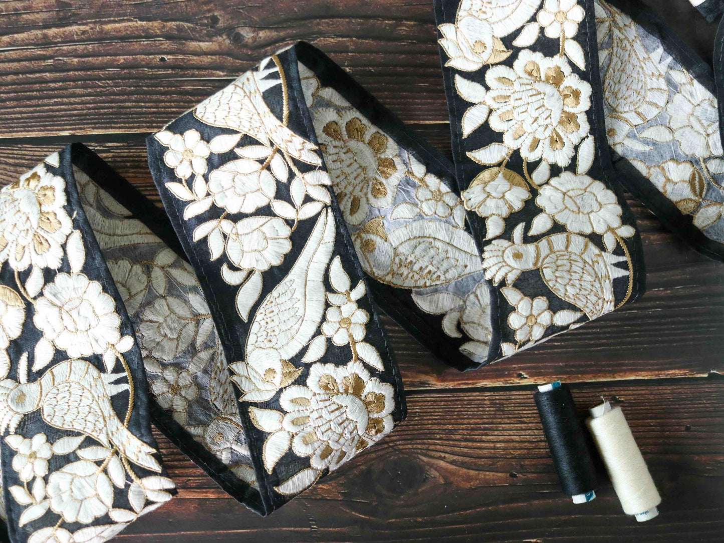 Black White Floral Parrot Embroidered Trim,Indian Embroidery Border,Black White Bird Lace,Parsi Saree Border, 1.5 mtr