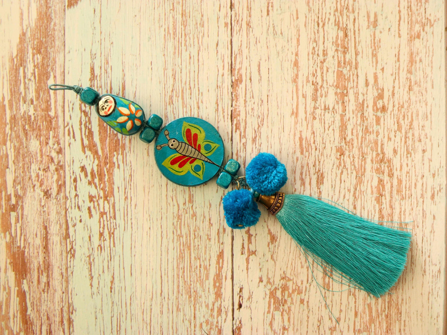 Boho Blue Matryoshka Butterfly Tassel,Handmade Latkan, Teal Blue Pompom Tufted Tassel Charm,Quirky Kitschy Indian Christmas Tree Supply